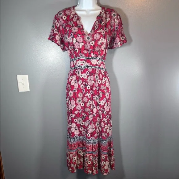 Knox Rose Red Floral Boho Midi Dress Size L | V-Neck Tiered Cottagecore - Picture 4 of 13